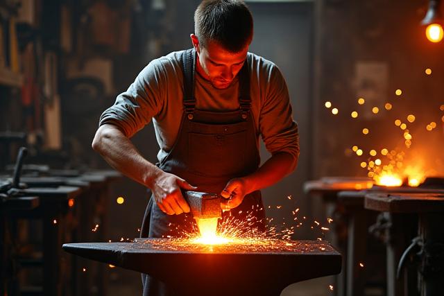 Artisan forgeron travaillant le métal incandescent dans l'atelier d'Ailleurs Forgé