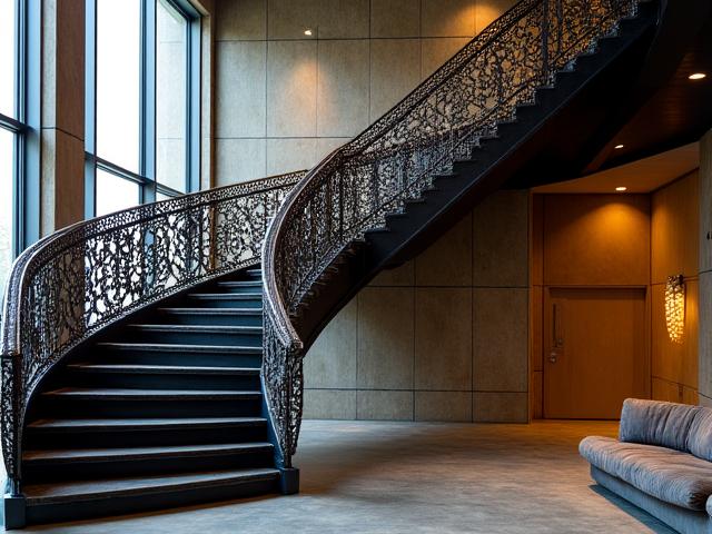 Escalier sculptural en métal forgé, intégré à une architecture moderne, motifs décoratifs