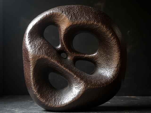 Sculpture abstraite en métal forgé, formes organiques, lumière réfléchissant sur sa surface